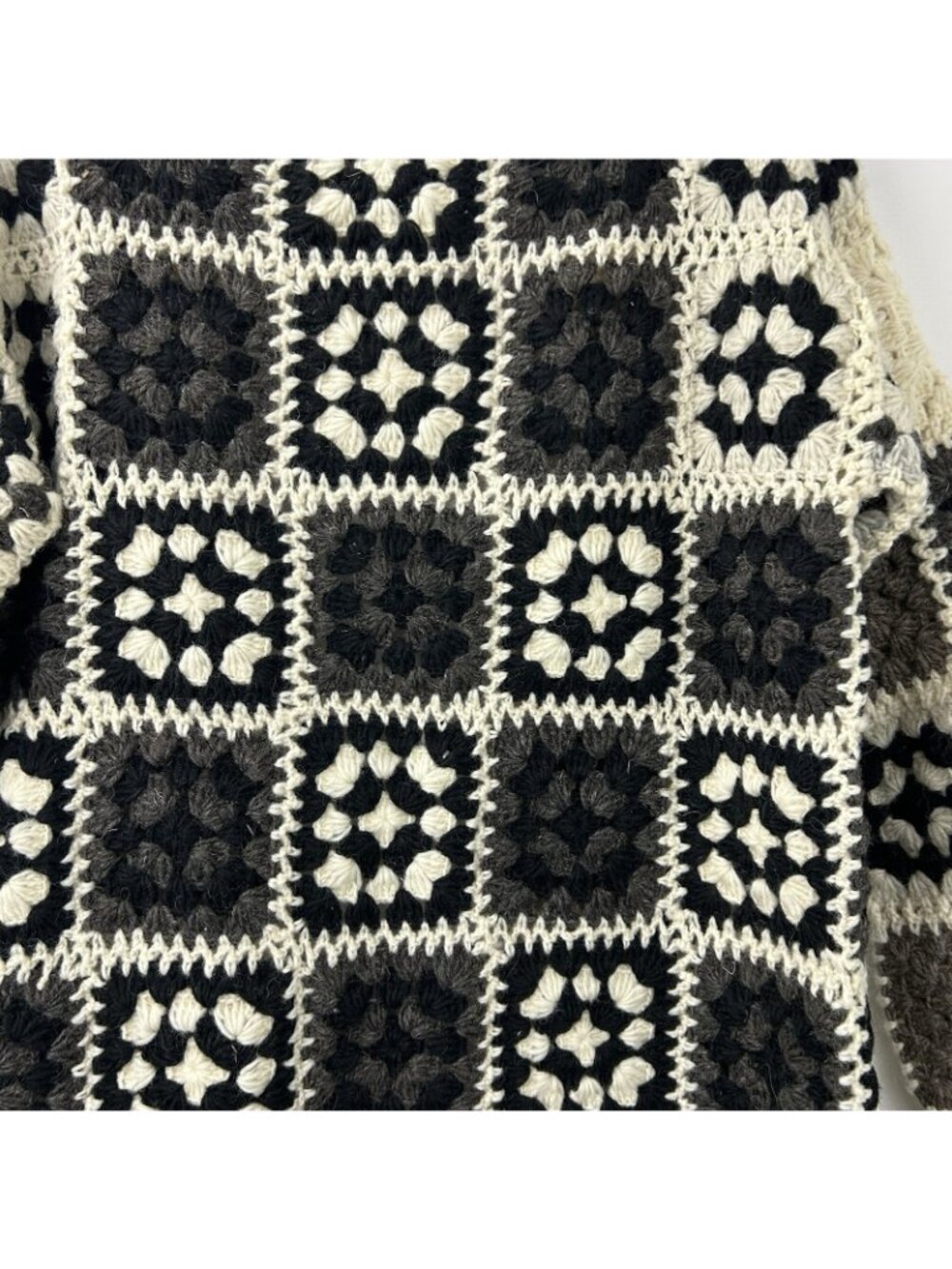 Rhea Wollon Jacket 100% Wool Cardigan L/XL Open Front Collared Crochet Flowers - Picture 12 of 16